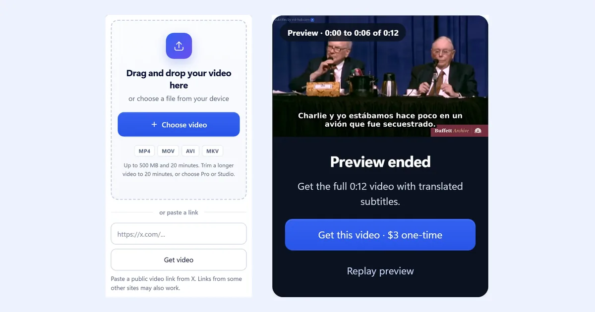 Two Vid Hub screens at phone width: the upload box, and the end of a preview with the offer to get the full video for a one-time price.