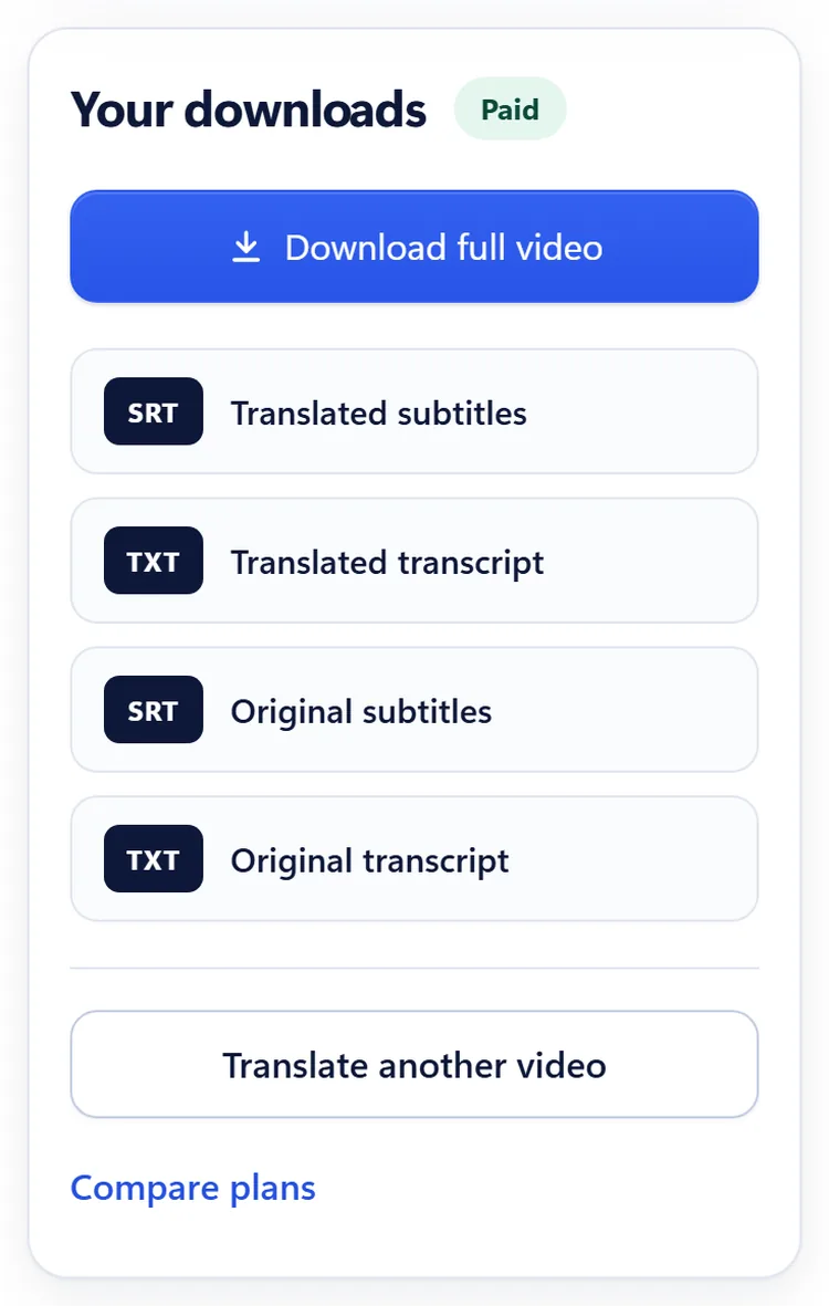 The Your downloads panel on a phone with the Download full video button and the SRT and TXT files.