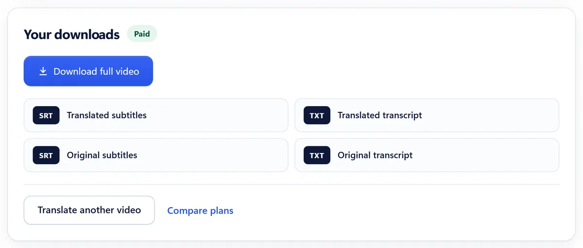 The Your downloads panel with a Download full video button and four files: translated and original SRT subtitles and TXT transcripts.
