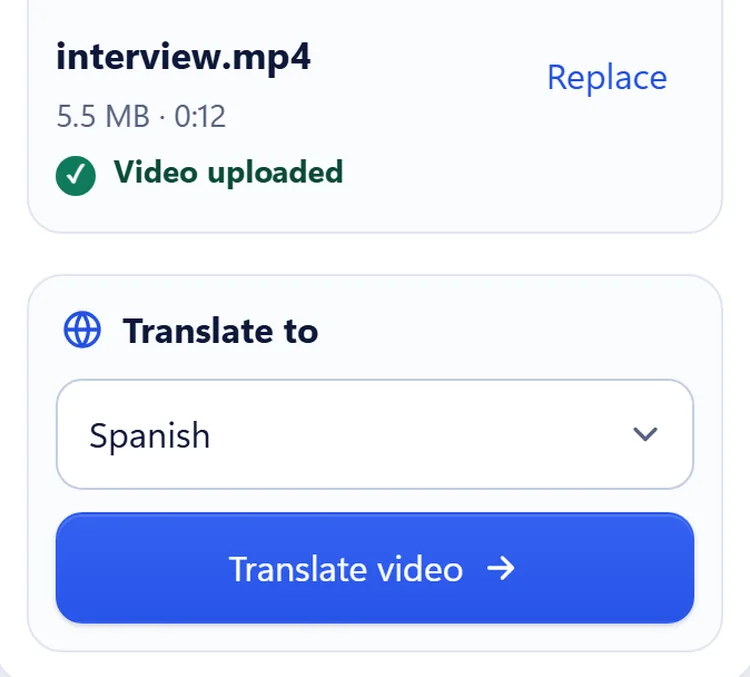 An uploaded video on a phone with Spanish chosen under Translate to and the Translate video button below it.