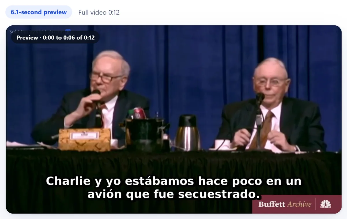 The Vid Hub preview player with a translated clip and two subtitle lines burned in at the bottom of the picture.