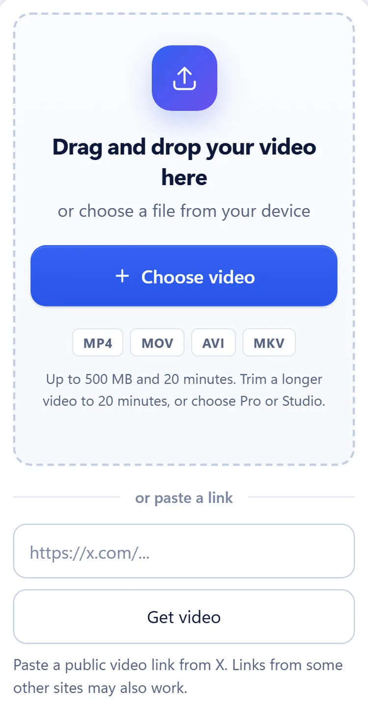 The Vid Hub upload box on a phone, with the Choose video button, the accepted formats and a field for a link from X.