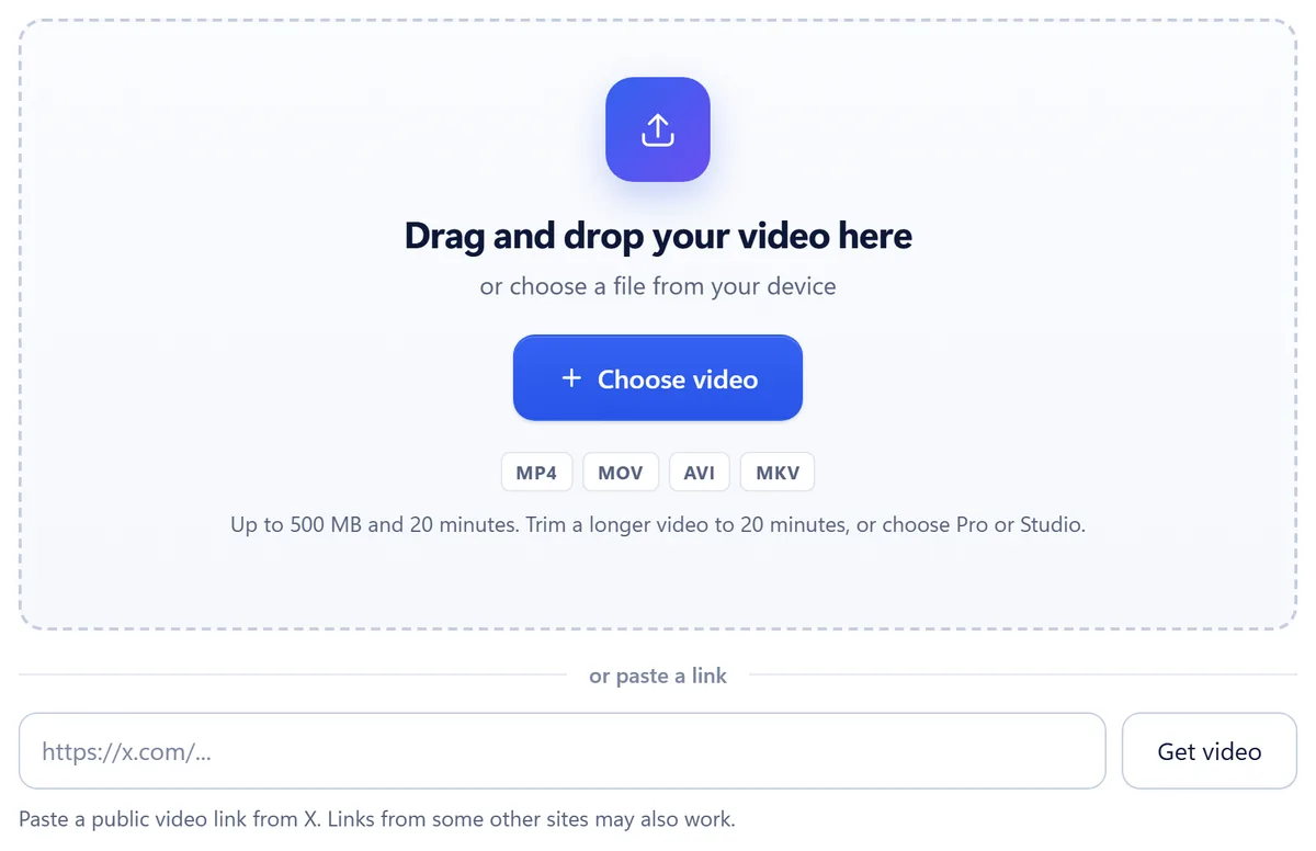 The Vid Hub upload box with a Choose video button, the MP4, MOV, AVI and MKV formats, the size limit, and a field for a link from X.