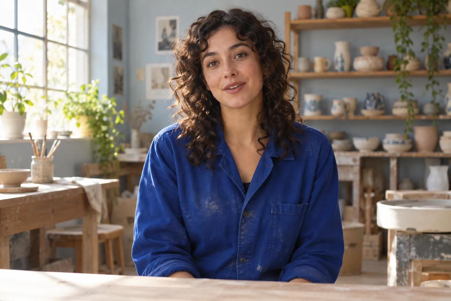 Illustrative video still of a ceramics educator in her workshop